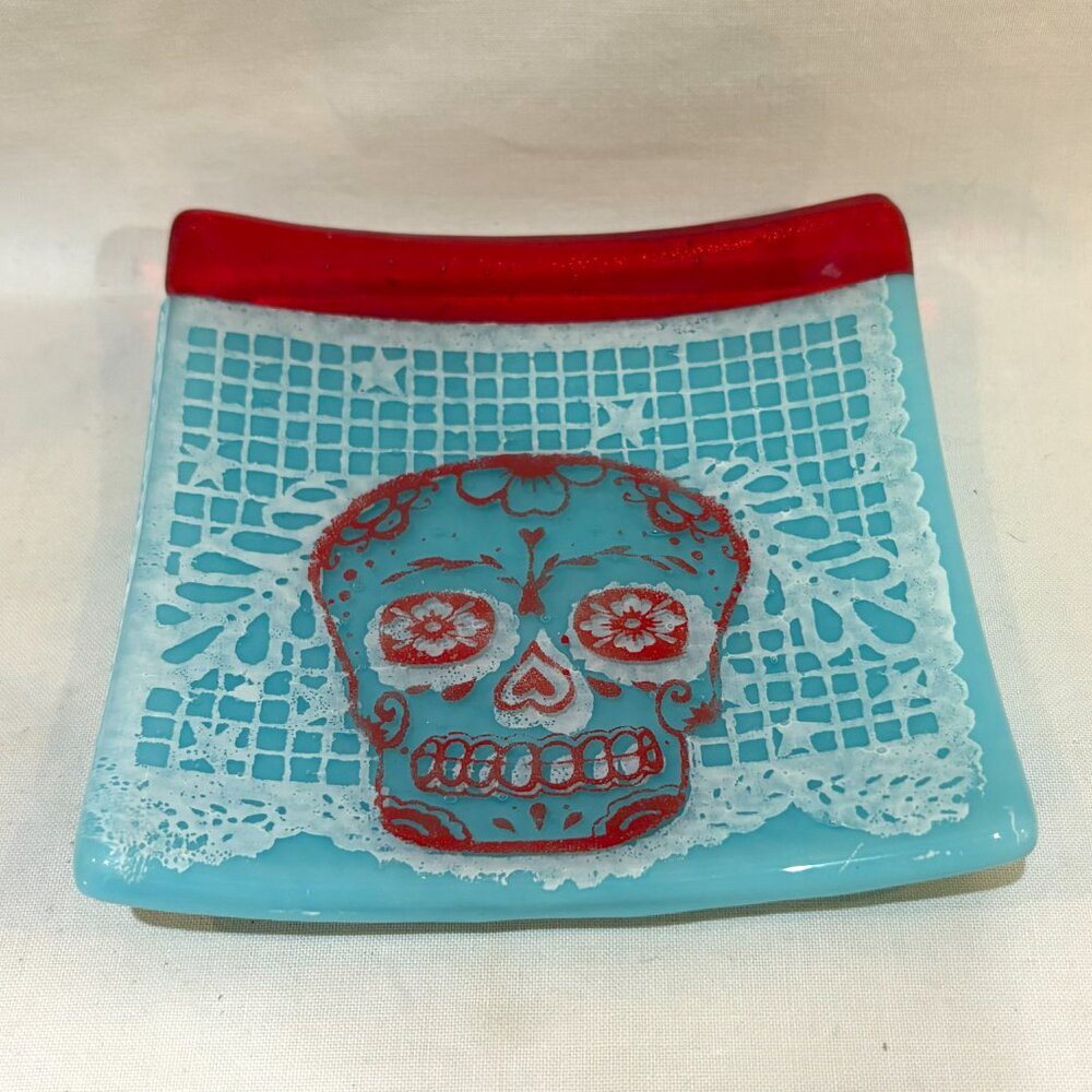 Kiku Handmade Fused Glass Halloween Skull 4.5" Catch-all Trinket Dish Illinois